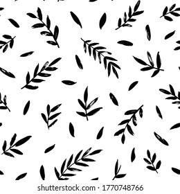 Leaves and branches vector seamless pattern. Black brush leaves and twigs. Olive branch modern ornament. Black ink texture with foliage. Hand drawn eucalyptus, laurel twig. Abstract plant motif