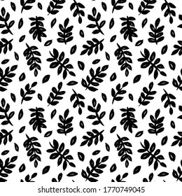 Leaves and branches vector seamless pattern. Black brush leaves and twigs. Olive branch modern ornament. Black ink texture with foliage. Hand drawn eucalyptus, laurel twig. Abstract plant motif