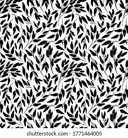 Leaves and branches vector seamless pattern. Black brush leaves and twigs. Olive branch modern ornament. Black ink texture with foliage. Hand drawn eucalyptus, laurel twig. Abstract plant motif