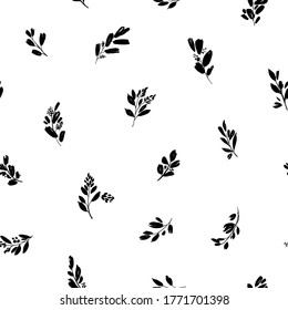 Leaves and branches vector seamless pattern. Black brush leaves, twigs and small flowers. Black branch modern ornament, ink texture with foliage. Hand drawn eucalyptus twig. Abstract plant motif