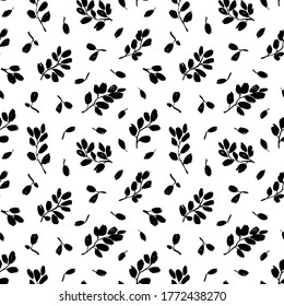 Leaves and branches vector seamless pattern. Black brush leaves and twigs. Olive branch modern ornament. Black ink texture with foliage. Hand drawn eucalyptus, laurel twig. Abstract plant motif