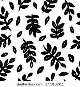 Leaves and branches vector seamless pattern. Black brush leaves and twigs. Olive branch modern ornament. Black ink texture with foliage. Hand drawn eucalyptus, laurel twig. Abstract plant motif