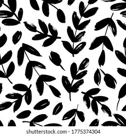 Leaves and branches vector seamless pattern. Black brush leaves and twigs. Olive branch modern ornament. Black ink texture with foliage. Hand drawn eucalyptus, laurel twig. Abstract plant motif