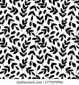 Leaves and branches vector seamless pattern. Black brush leaves and twigs. Olive branch modern ornament. Black ink texture with foliage. Hand drawn eucalyptus, laurel twig. Abstract plant motif