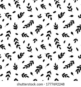 Leaves and branches vector seamless pattern. Black brush leaves and twigs. Olive branch modern ornament. Black ink texture with foliage. Hand drawn eucalyptus, laurel twig. Abstract plant motif