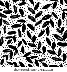 Leaves and branches vector seamless pattern. Black brush leaves and twigs with polka dot. Olive branch modern ornament. Black ink texture with foliage. Hand drawn abstract eucalyptus, laurel twig.