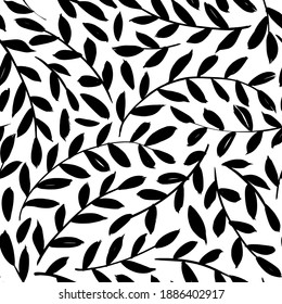 Leaves and branches vector seamless pattern. Black brush leaves and twigs. Olive branch modern ornament. Black ink texture with foliage. Hand drawn eucalyptus, laurel twig. Abstract plant motif