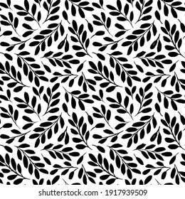 Leaves and branches vector seamless pattern. Black brush leaves and twigs. Olive branch modern ornament. Black ink texture with foliage. Hand drawn eucalyptus, laurel twig. Abstract plant motif