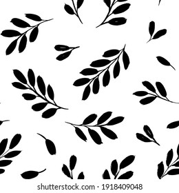 Leaves and branches vector seamless pattern. Black brush leaves and twigs. Olive branch modern ornament. Black ink texture with foliage. Hand drawn eucalyptus, laurel twig. Abstract plant motif