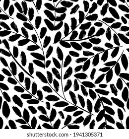 Leaves and branches vector seamless pattern. Black brush leaves and twigs. Olive branch modern ornament. Black ink texture with foliage. Hand drawn eucalyptus, laurel twig. Abstract plant motif