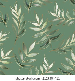 Leaves and branches vector seamless pattern. Brush leaves and twigs. Olive branch modern ornament. Black ink texture with foliage. Hand drawn eucalyptus, laurel twig. Abstract plant motif