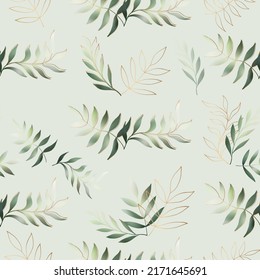 Leaves and branches vector seamless pattern. Brush leaves and twigs. Olive branch modern ornament. Black ink texture with foliage. Hand drawn eucalyptus, laurel twig. Abstract plant motif