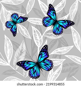 Leaves and branches vector seamless pattern. White and gray background with twigs with blue butterflies. Vector illustration. Hand drawn eucalyptus, laurel twig. Abstract plant motif
