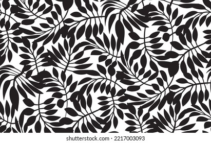 Leaves and branches vector seamless pattern. Black brush leaves and twigs. Olive branch modern ornament. Black ink texture with foliage. Hand drawn eucalyptus, laurel twig. Abstract plant motif