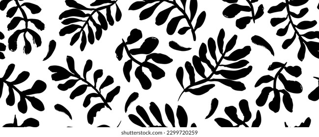Leaves and branches vector seamless pattern. Black brush leaves and twigs. Vector foliage silhouettes. Black ink texture with foliage. Hand drawn eucalyptus, laurel twig. Abstract plant motif