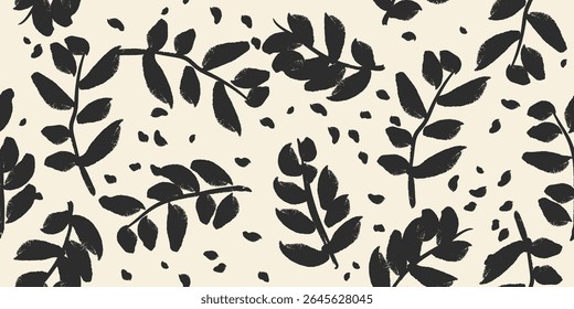 Folhas e ramos vetor padrão sem emenda. Motivo orgânico, ervas elemento pintado com um pincel. Fundo de tinta desenhado à mão abstrato. Galhos, folhas ou ramos ásperos. Ornamento grunge preto e branco