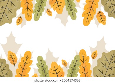 Аutumn leaves bright background frame with empty space in the center. Cute golden and green leaves - elements of seasonal fall decor. For cards, banners, seasonal sales.