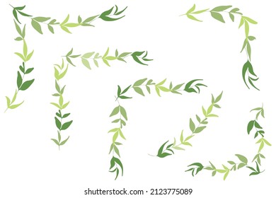 Leaves Brunch Frame Corners Set. Hand drawn lef shapes. Decorative editable kit in green tones color. White background. Art Brush included. Vector illustration