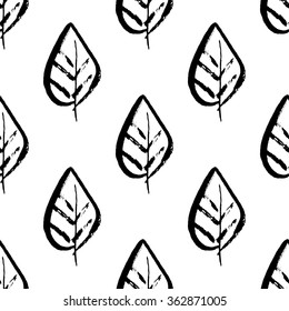 Leaves brushstrokes seamless bold pattern. Vector texture. Hand painted. Black and white.