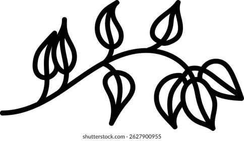 Folhas e botões formam um ramo gracioso em um estilo de desenho de linha em negrito.  Um tronco curvo exibe folhagem delicada e flores florescentes. Ilustração de vetor de desenhos animados