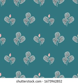 Leaves and buds seamless vector botanical pattern on a teal background. Simple nature themed surface print design.