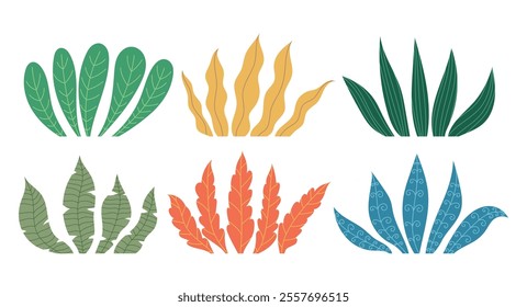 Leaves bush illustration with different shape of leaf and colorful, groovy decorative leaves four seasons for kid book, decoration, frame, gift card, website, UX UI and more seperated from background