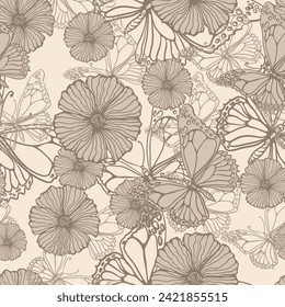 Leaves, butterflies and flowers. Hand-drawn graphics in beige shades. Seamless patterns for fabric and packaging design.