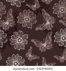 Leaves, butterflies and flowers. Hand-drawn graphics in beige shades. Seamless patterns for fabric and packaging design.