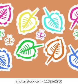 Leaves, butterlies  pattern, doodles,dotted lines, labels seamless pattern. Hand drawn.