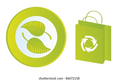 leaves button and recycle bag isolated over white background. vector