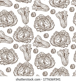 Leaves of cabbage seamless pattern of organic meal. Healthy food, kale for vegetarians or vegans. Veggie lettuce, natural product, tasty eating. Monochrome sketch outline, vector in flat style