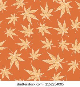 Leaves cannabis engraved seamless pattern. Retro background botanical with leaf marijuana in hand drawn style. Vector repeated color design texture for print, fabric, wrapping, wallpaper, tissue.