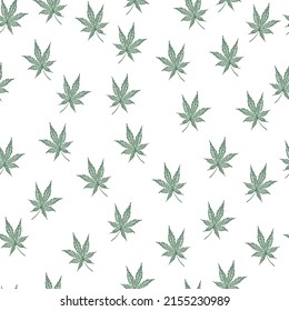 Leaves cannabis engraved seamless pattern. Retro background botanical with leaf marijuana in hand drawn style. Vector repeated color design texture for print, fabric, wrapping, wallpaper, tissue.