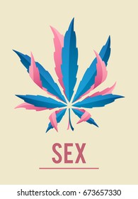 Leaves Of Cannabis Make Love. Weed Logo. Hemp Plants In Sex Pose. Vector Icon Of Love And Marijuana.