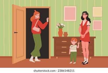 Leaves child with babysitter. Mother at exit watch at son with nanny. Care about kids and children. Teacher at home with kid. Education and training. Cartoon flat vector illustration