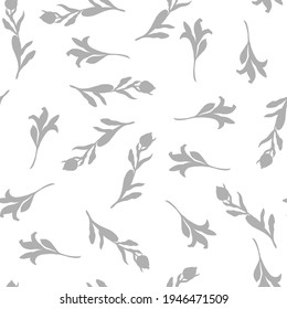 Leaves for children. Gray and white. Vector. Children's texture. Leaves seamless pattern. Soft pastel colored leaves in a modern style on a white background.