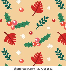 Leaves With Christmas Ornaments, Pattern, Vector, Illustration