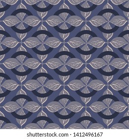 Leaves and circles seamless pattern, geometric dark blue background, vector illustration