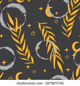 Leaves and circles wallpaper. Luxury nature leaves pattern design on dark background, golden leaves arts, Hand drawn design for fabric , print, cover, banner and invitation. Vector illustration.
