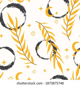 Leaves and circles wallpaper. Luxury nature leaves pattern design on bright background, golden leaves arts, Hand drawn design for fabric , print, cover, banner and invitation. Vector illustration.