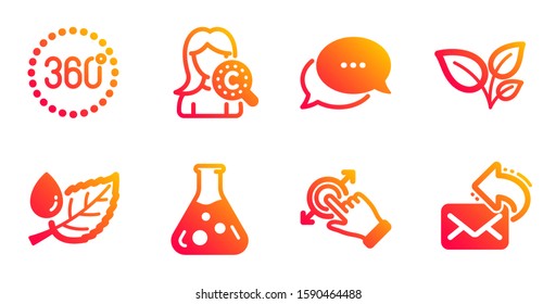 Leaves, Collagen skin and Leaf dew line icons set. 360 degrees, Dots message and Chemistry lab signs. Touchscreen gesture, Share mail symbols. Grow plant, Skin care. Business set. Vector