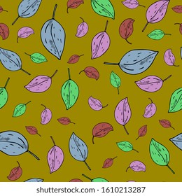 leaves colored natural background. Seamless forest pattern hand drawing doodle.For textiles, packaging, fabrics, wrappers