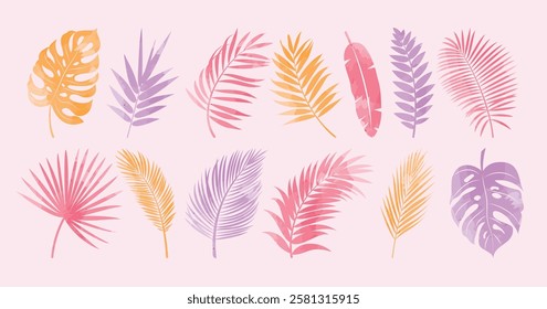 Leaves colorful drawing clipart set. Leaf pastel clip art icon and symbol elements in red, orange and violet tropical plant vector illustration. 
