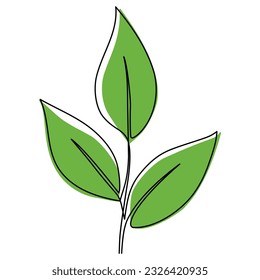 Leaves continuous line art. Plant branch one line with green shapes. Vector illustration isolated on white.	