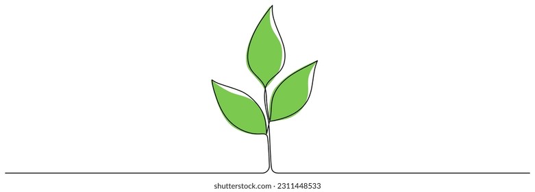 Leaves continuous line drawing. Plant branch one line art with green shapes. Vector illustration isolated on white.