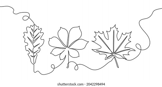 Leaves continuous line drawing set. One line art of tree leaves, herb, plants, chestnut, maple, oak.