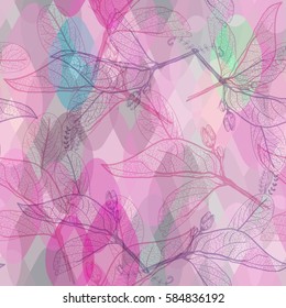 Leaves contours, bright pink purple lilac green modern trendy floral seamless pattern, hand-drawn. abstract background for site, blog, fabric. decorative contemporary elements. gold print. Vector