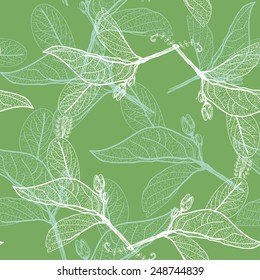 Leaves contours on green background. floral seamless pattern, hand-drawn. Vector