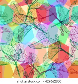 Leaves contours, Rainbow bright magenta pink orange turquoise lilac purple modern trendy floral seamless pattern, hand-drawn. Geometric abstract background for site, blog, fabric. Vector