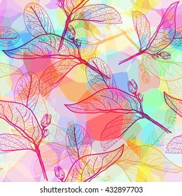 Leaves contours, Rainbow bright magenta pink orange turquoise lilac purple modern trendy floral seamless pattern, hand-drawn. Geometric abstract background for site, blog, fabric. Vector